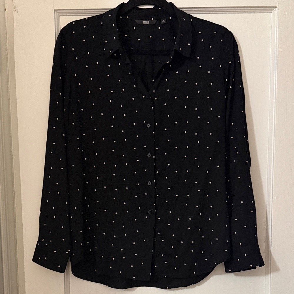 Uniqlo Black Blouse with White Polka Dots